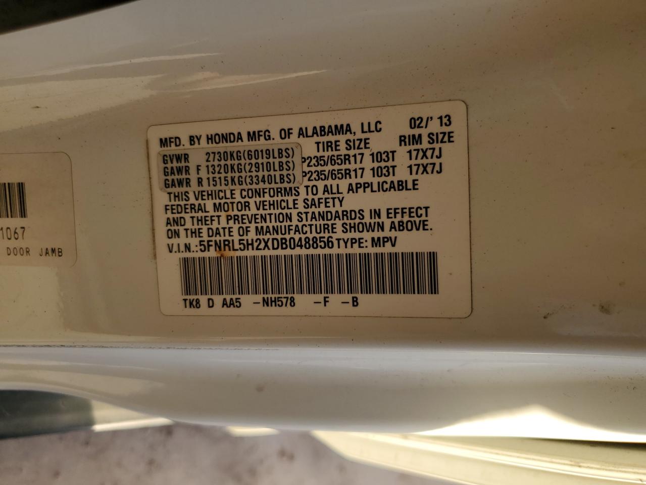 5FNRL5H2XDB048856 2013 Honda Odyssey Lx