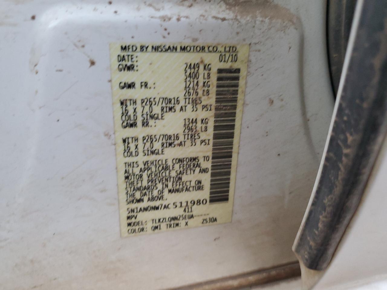 2010 Nissan Xterra Off Road VIN: 5N1AN0NW7AC511980 Lot: 73744344