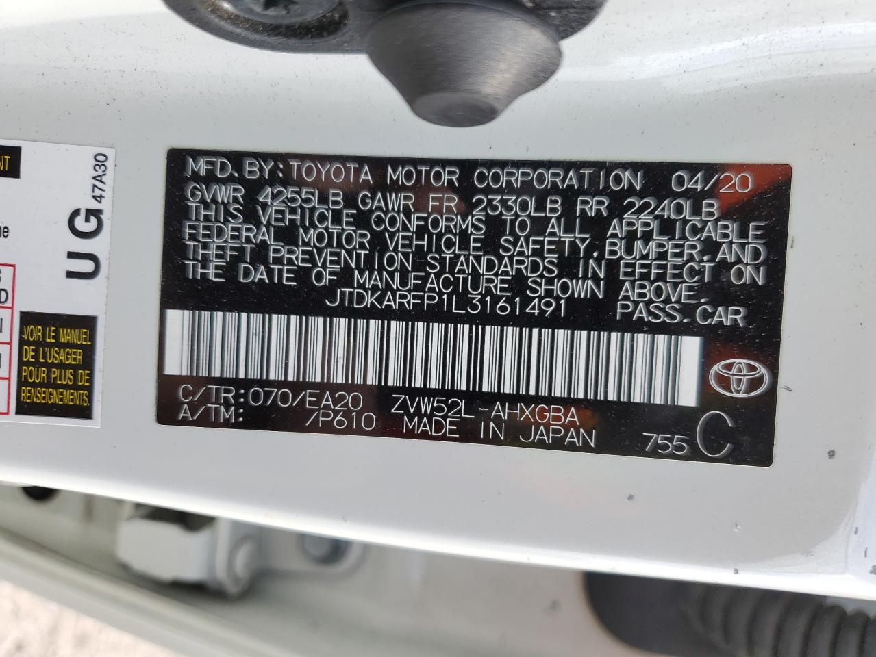 JTDKARFP1L3161491 2020 Toyota Prius Prime Le