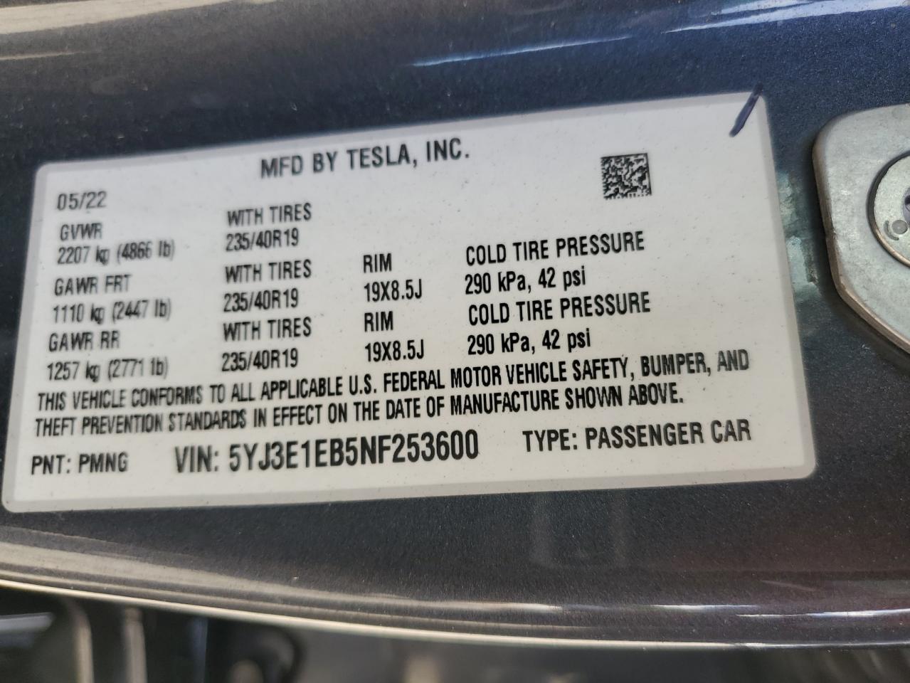 2022 Tesla Model 3 VIN: 5YJ3E1EB5NF253600 Lot: 78392274