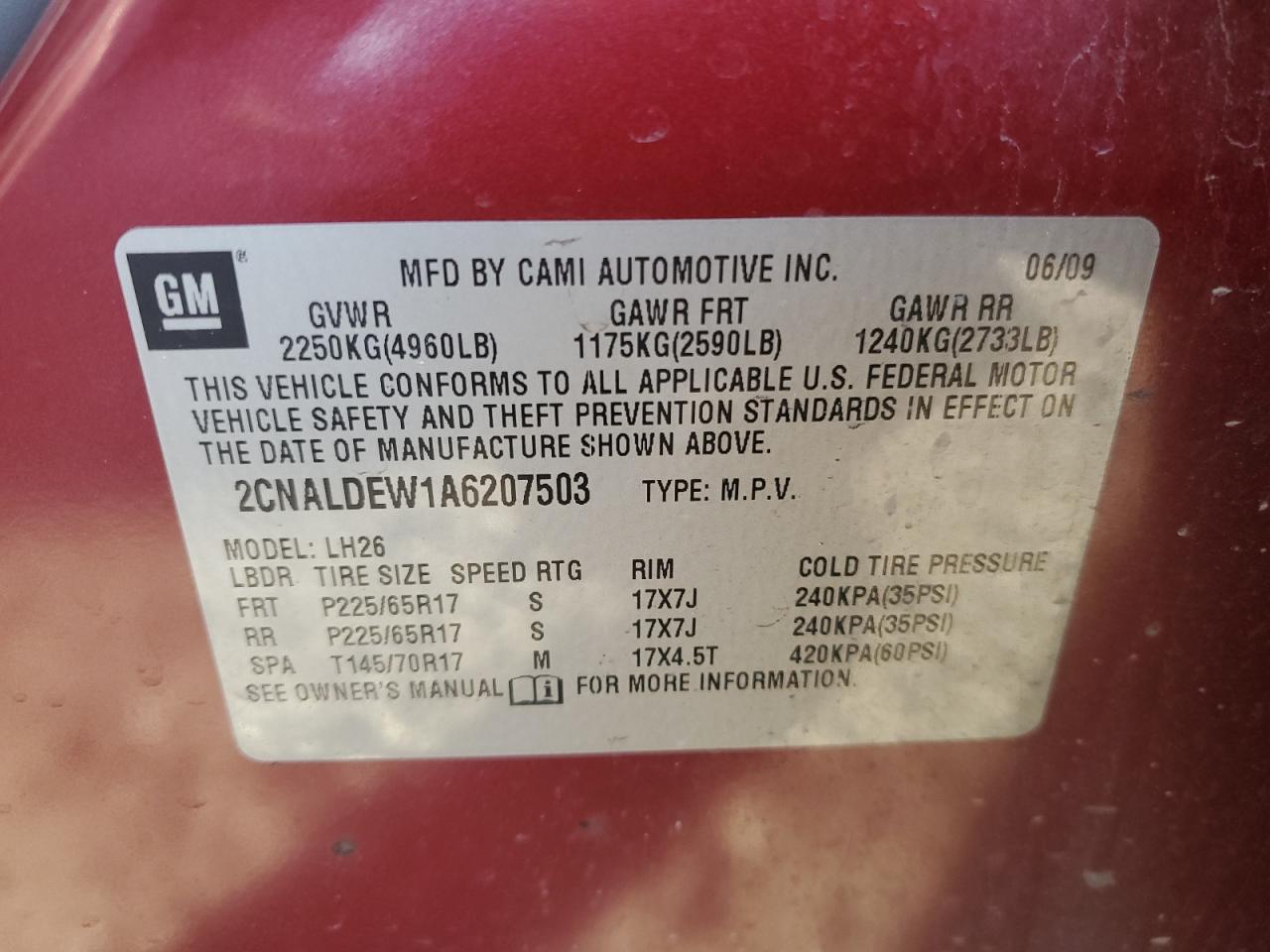 2CNALDEW1A6207503 2010 Chevrolet Equinox Lt