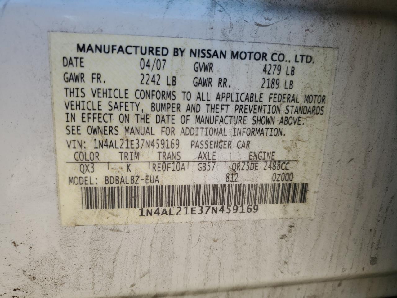 1N4AL21E37N459169 2007 Nissan Altima 2.5