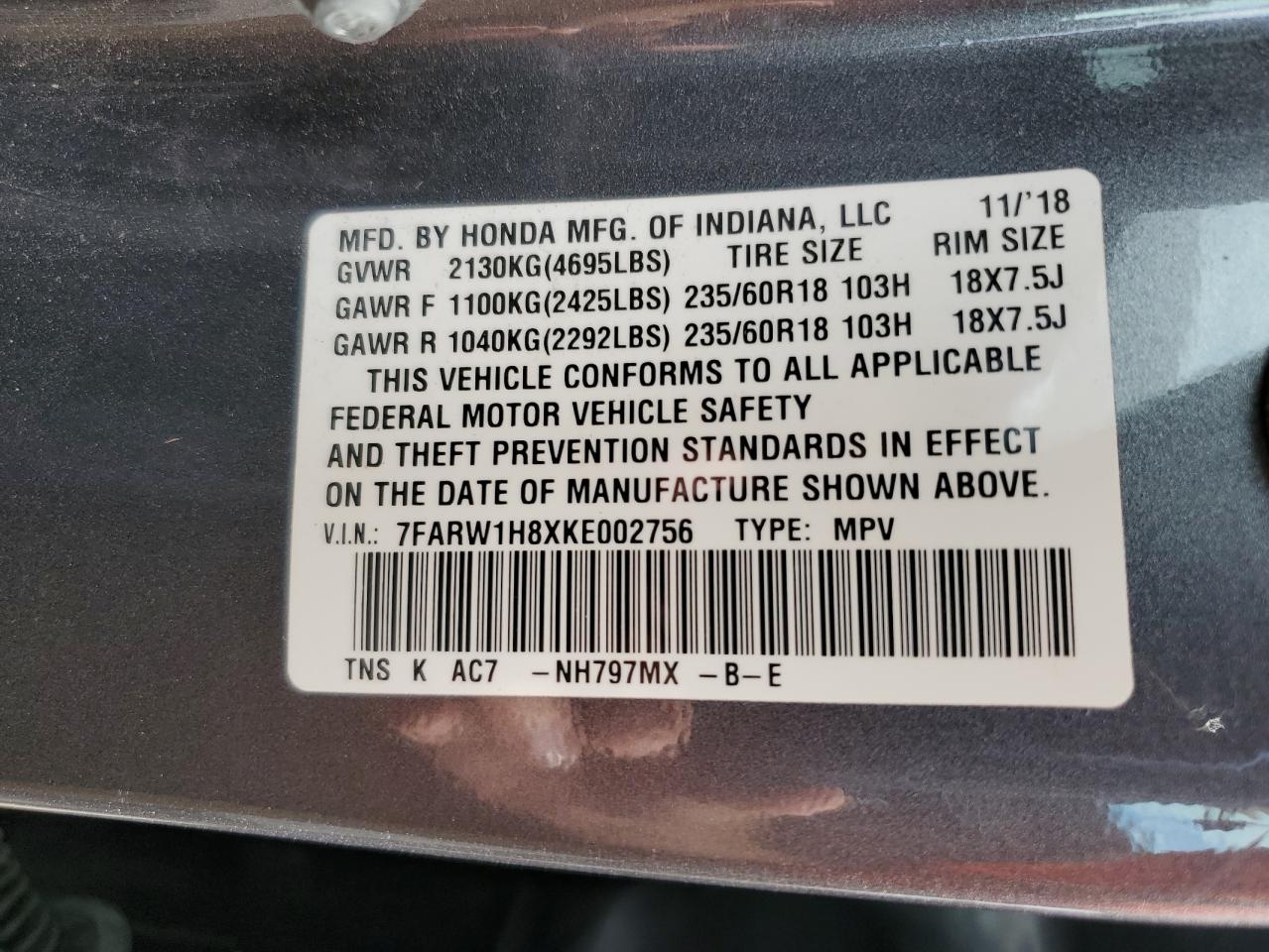 2019 Honda Cr-V Exl VIN: 7FARW1H8XKE002756 Lot: 75522434