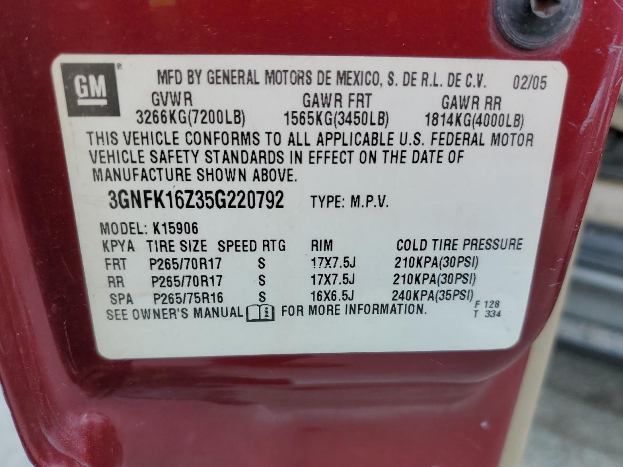 2005 Chevrolet Suburban K1500 VIN: 3GNFK16Z35G220792 Lot: 52714515