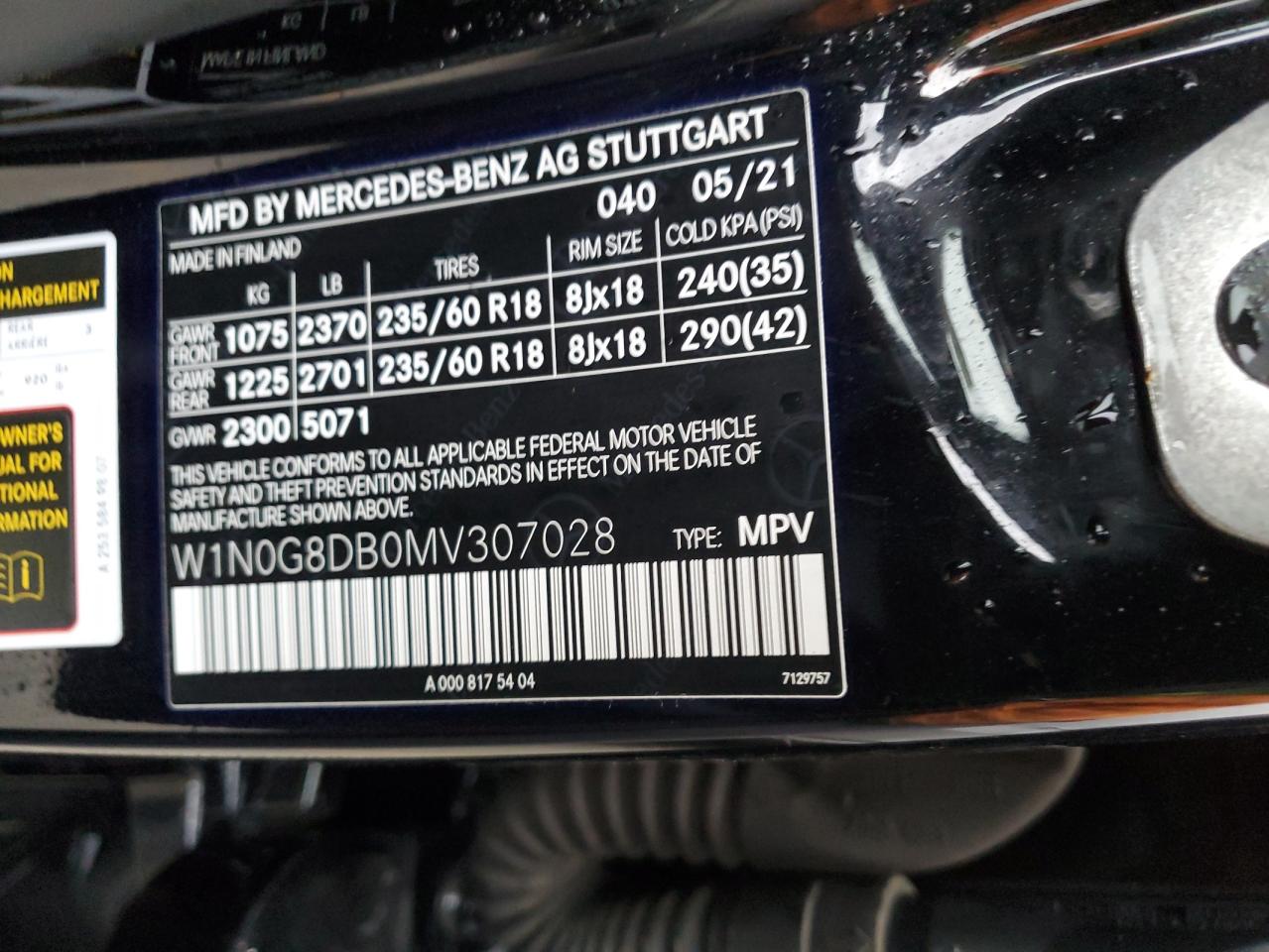 2021 Mercedes-Benz Glc 300 VIN: W1N0G8DB0MV307028 Lot: 76711514