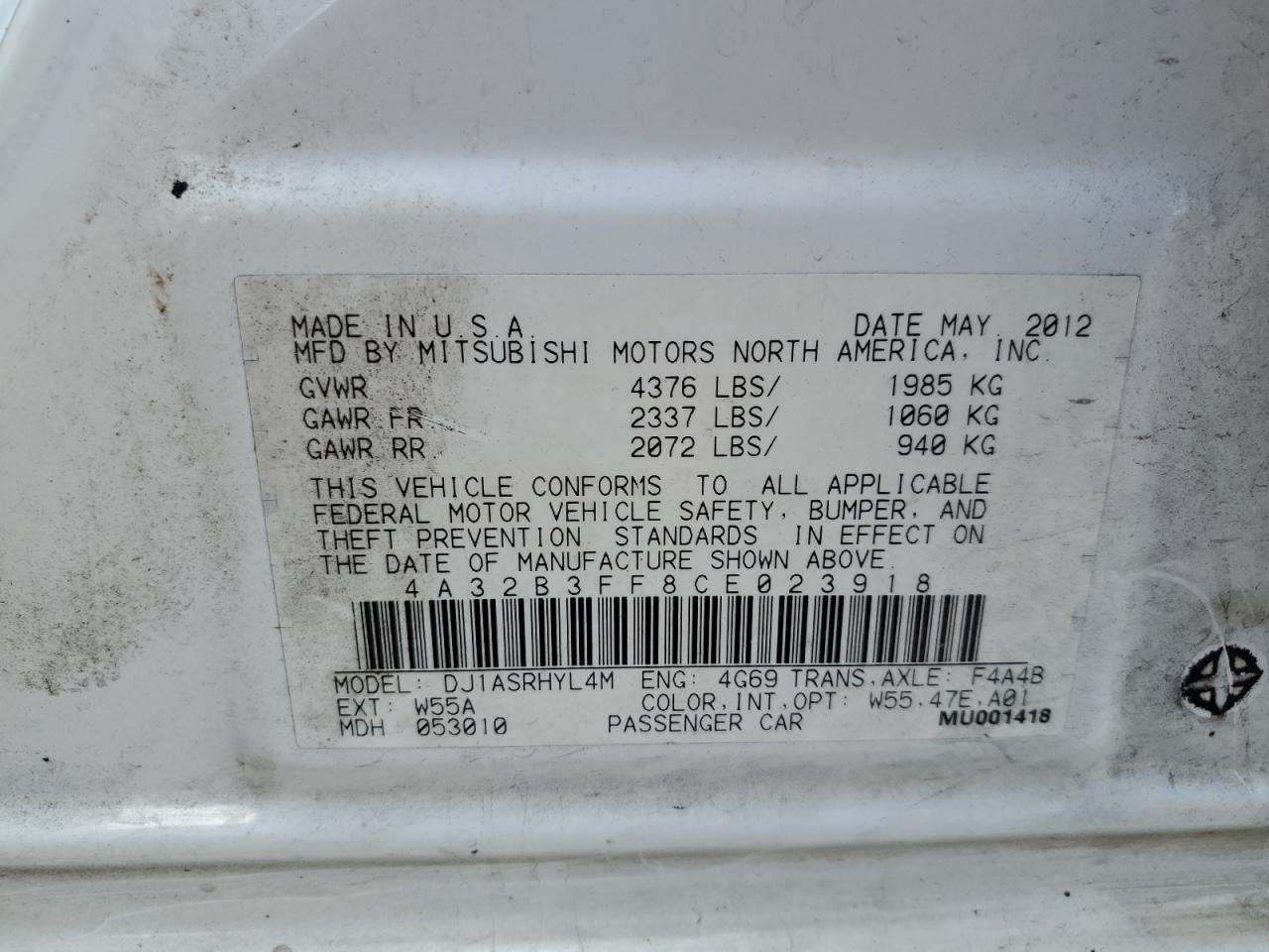 2012 Mitsubishi Galant Es VIN: 4A32B3FF8CE023918 Lot: 73615474