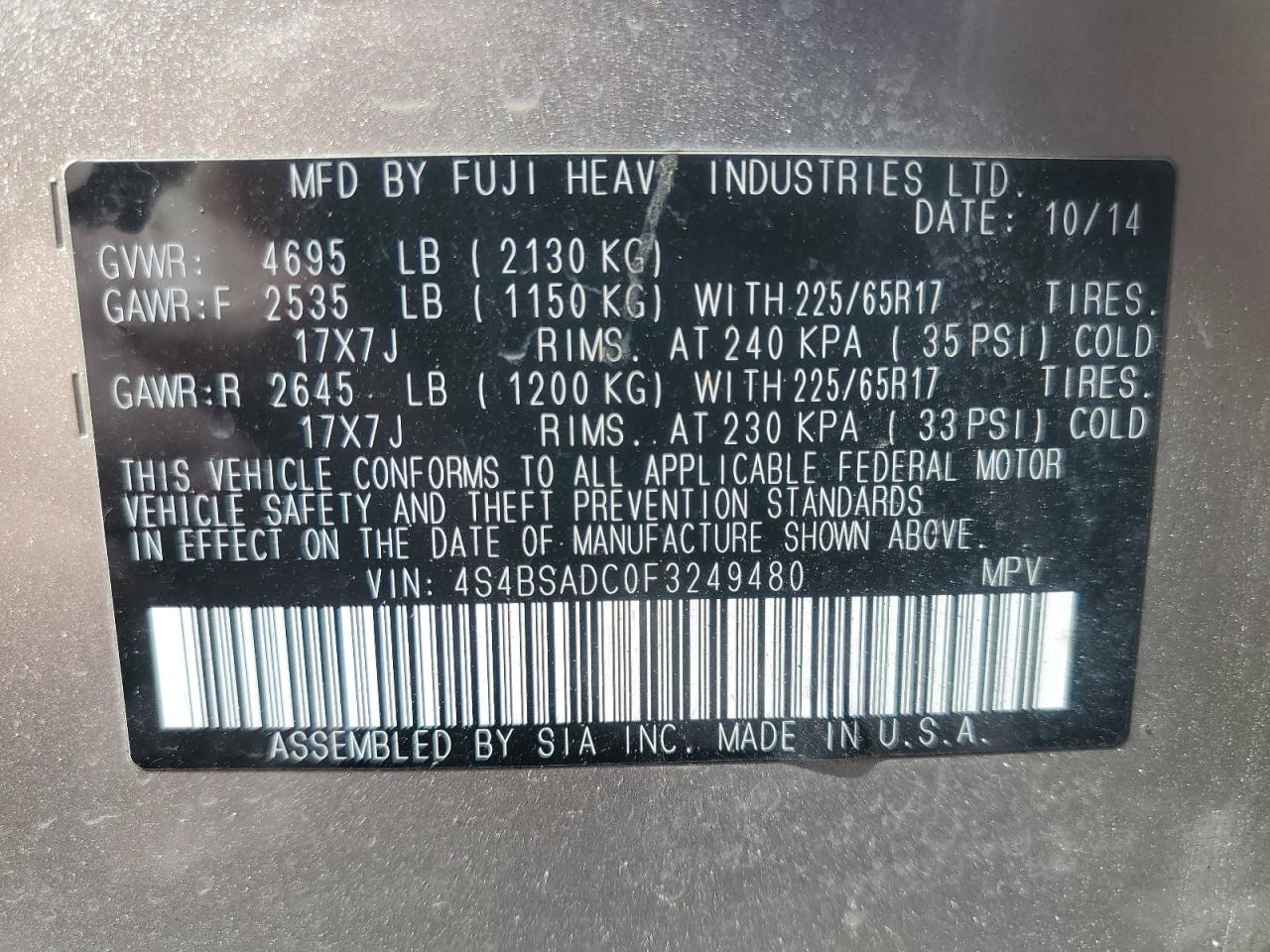 2015 Subaru Outback 2.5I Premium VIN: 4S4BSADC0F3249480 Lot: 74880314