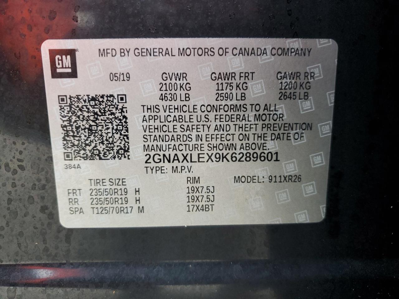 2GNAXLEX9K6289601 2019 Chevrolet Equinox Lt