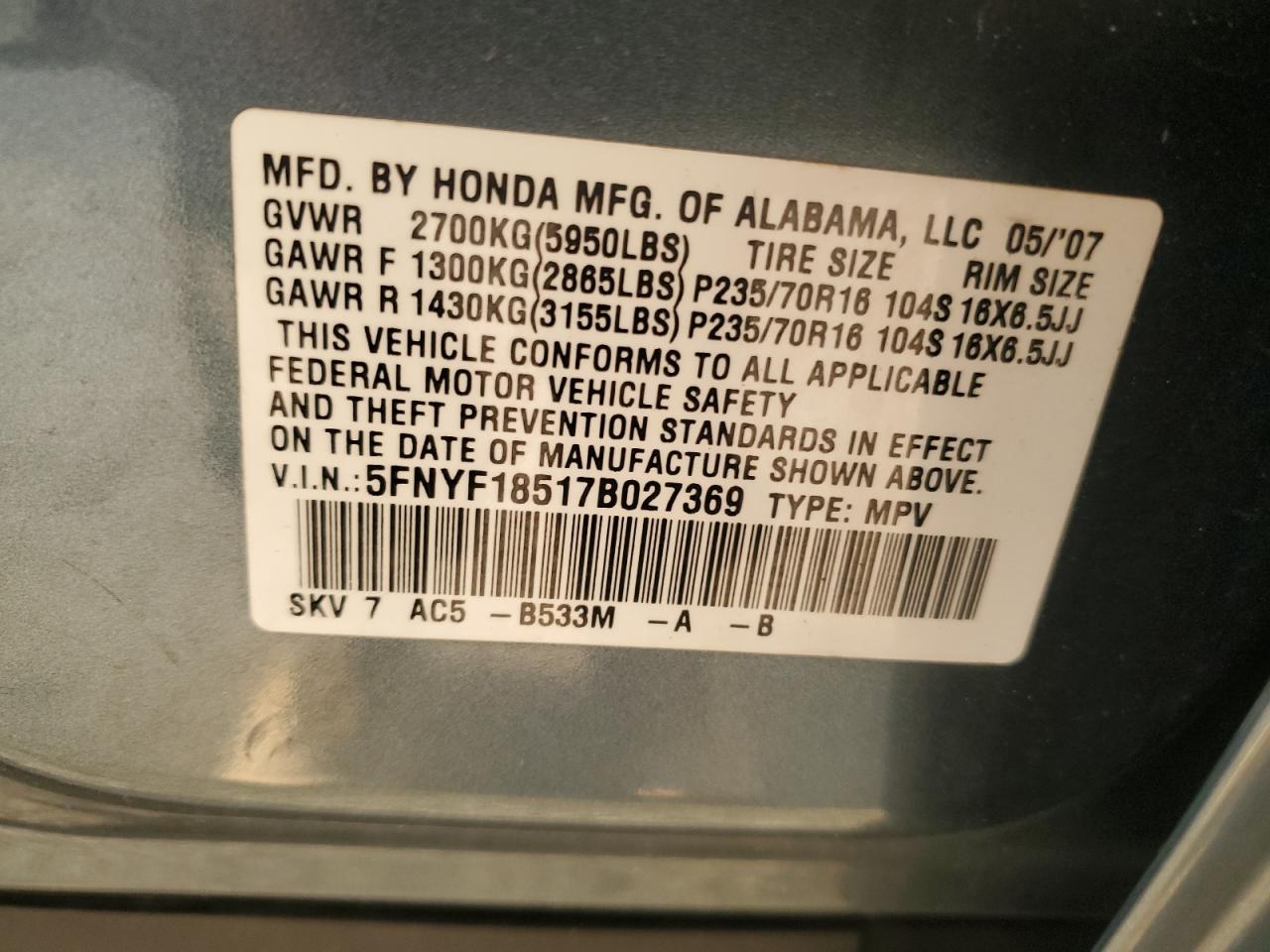 5FNYF18517B027369 2007 Honda Pilot Exl