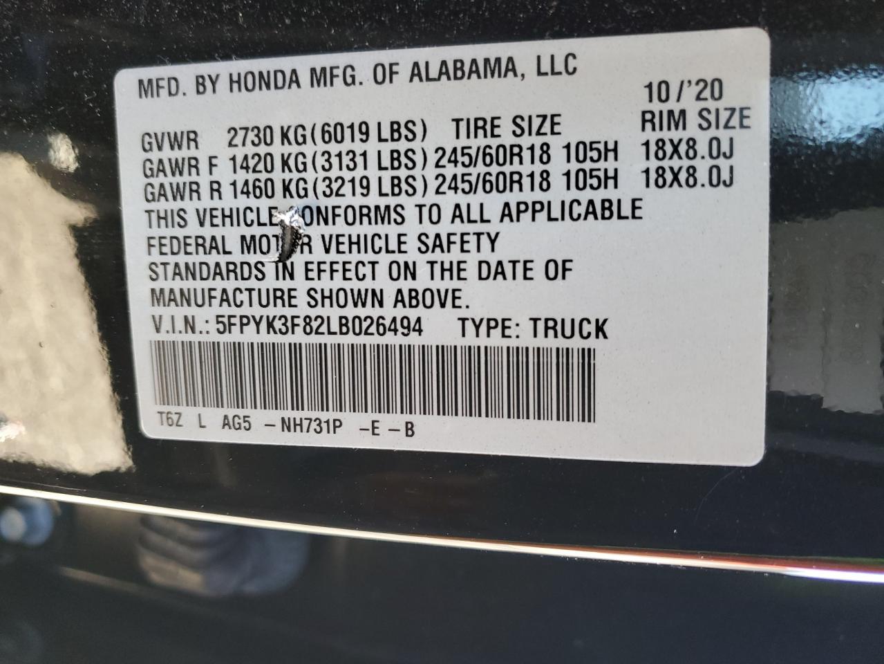 2020 Honda Ridgeline Black Edition VIN: 5FPYK3F82LB026494 Lot: 77958754