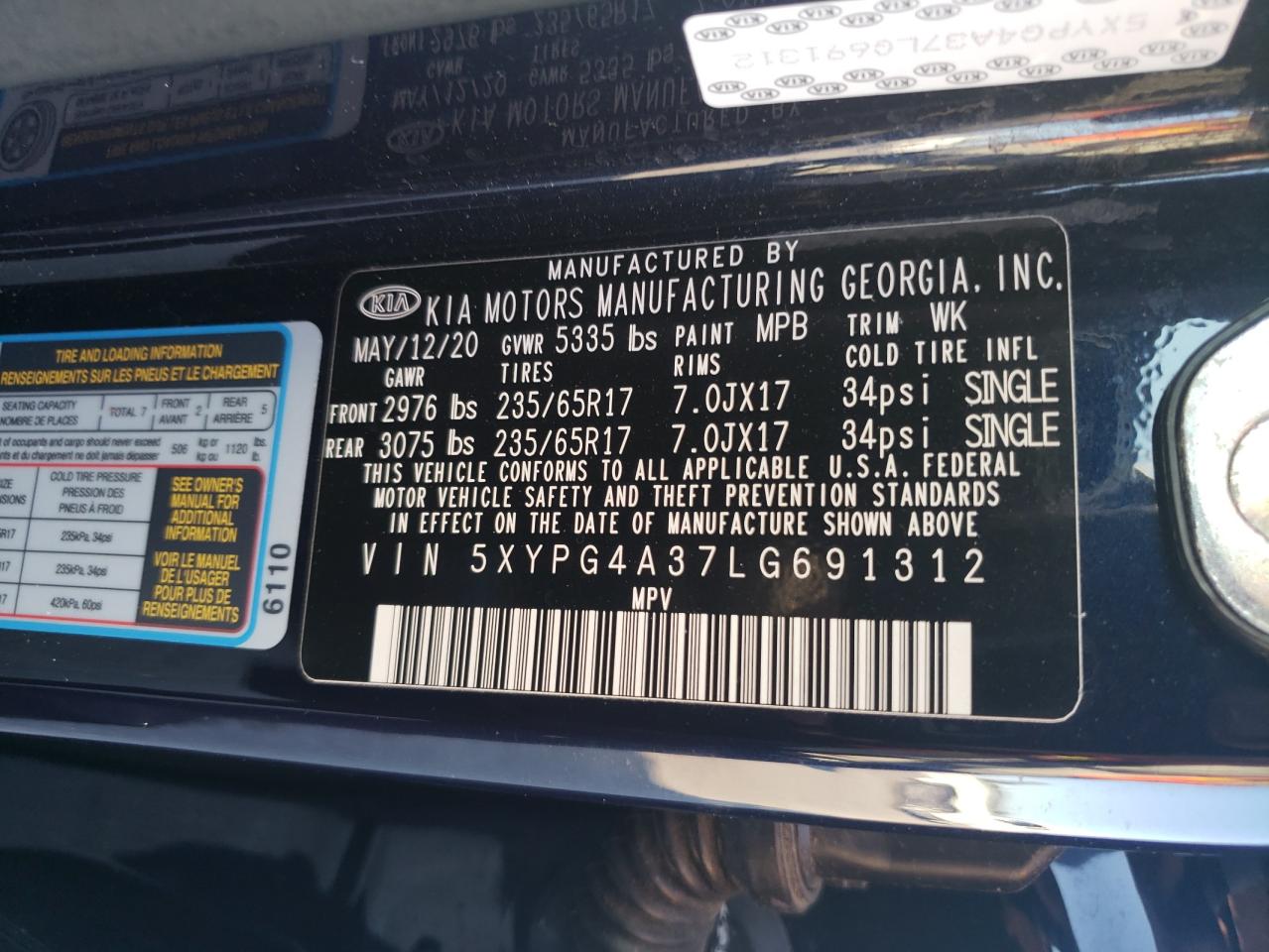 5XYPG4A37LG691312 2020 Kia Sorento L