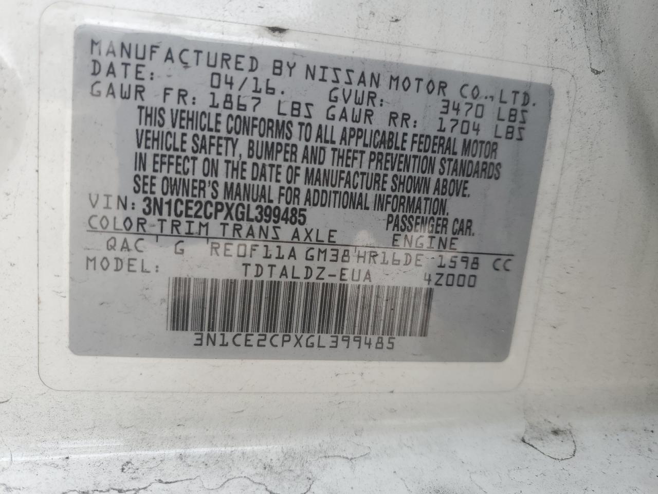 3N1CE2CPXGL399485 2016 Nissan Versa Note S