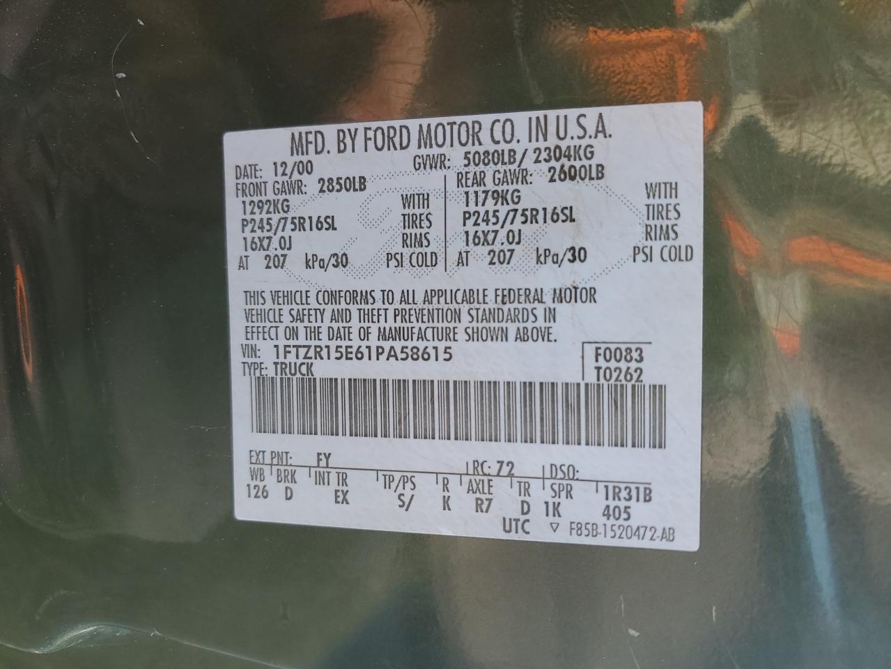 2001 Ford Ranger Super Cab VIN: 1FTZR15E61PA58615 Lot: 76959594