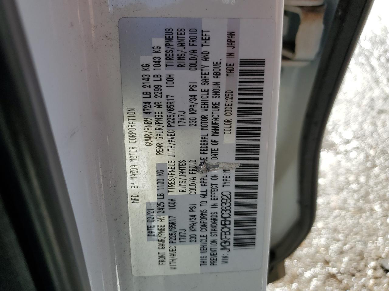 2021 Mazda Cx-5 Touring VIN: JM3KFBCM5M0383920 Lot: 78275334