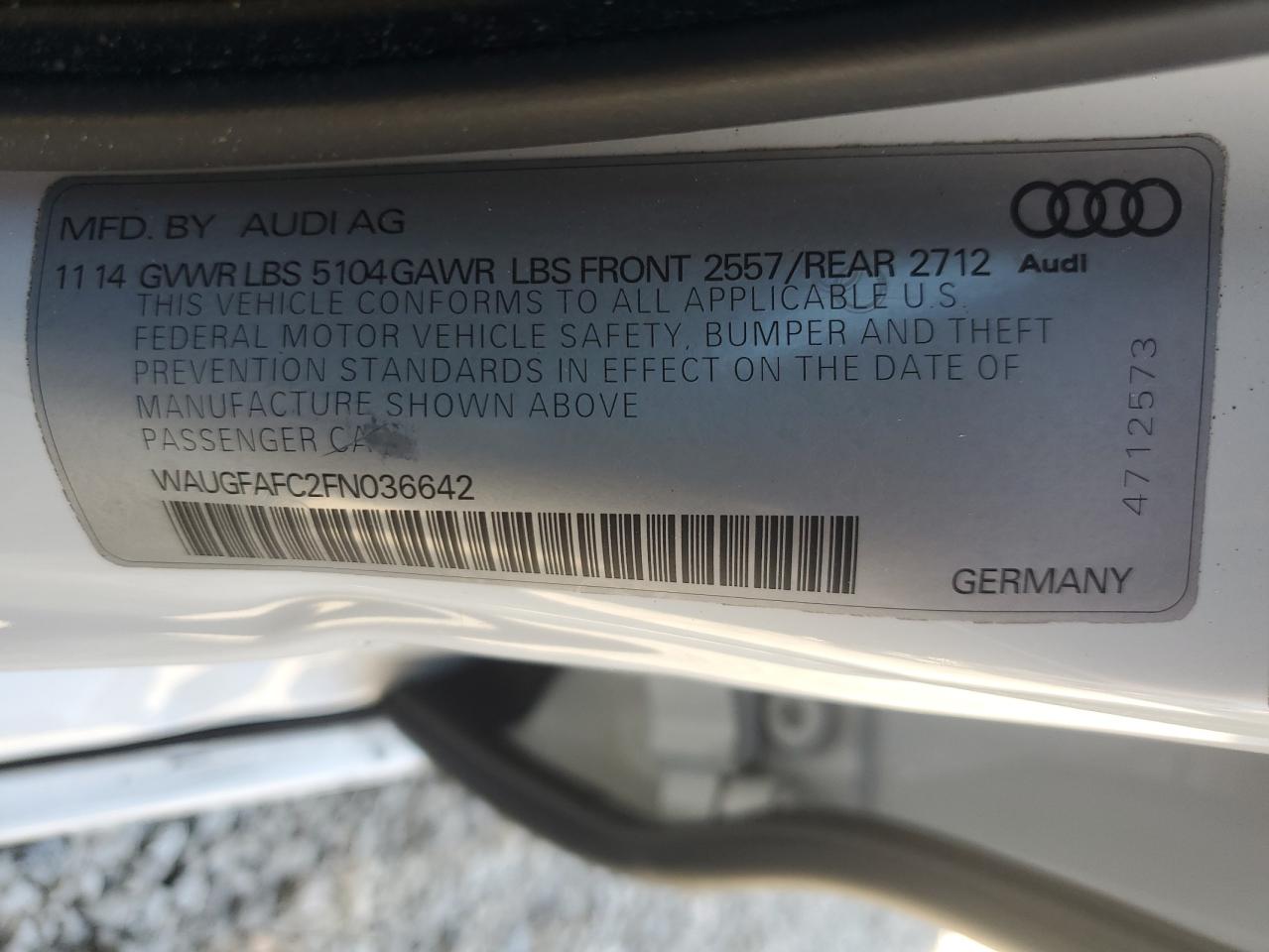 2015 Audi A6 Premium Plus VIN: WAUGFAFC2FN036642 Lot: 74985114