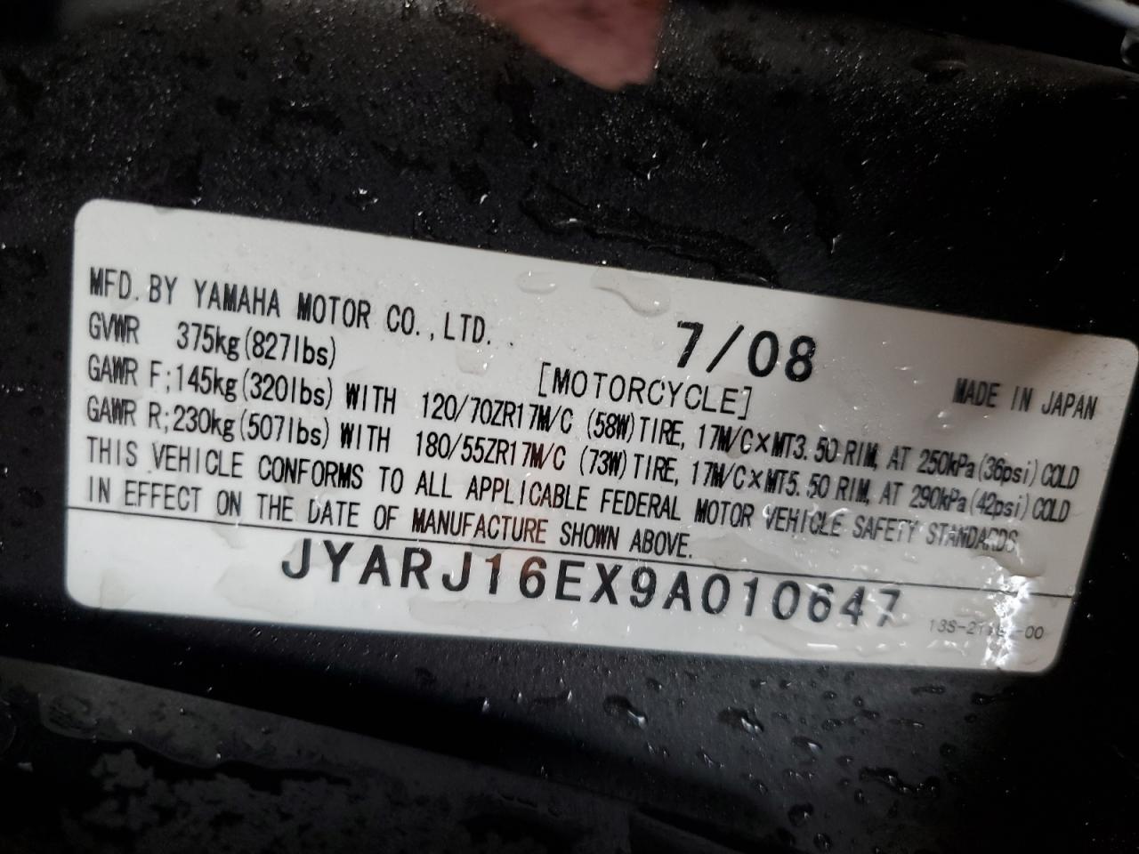 2009 Yamaha Yzfr6 VIN: JYARJ16EX9A010647 Lot: 78199524