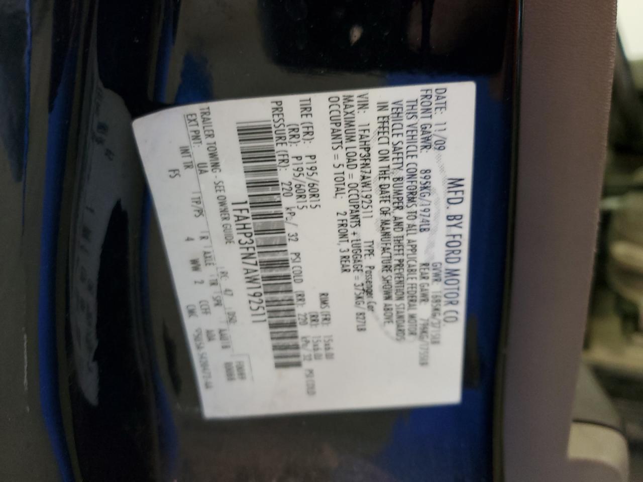 2010 Ford Focus Se VIN: 1FAHP3FN7AW192511 Lot: 77679994