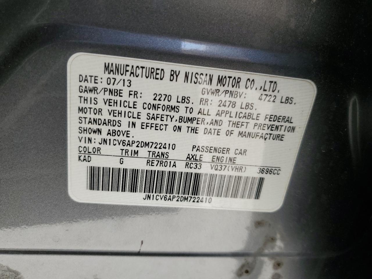 2013 Infiniti G37 Base VIN: JN1CV6AP2DM722410 Lot: 77652654