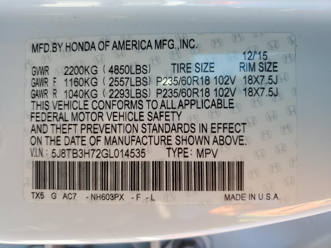 5J8TB3H72GL014535 2016 Acura Rdx Advance