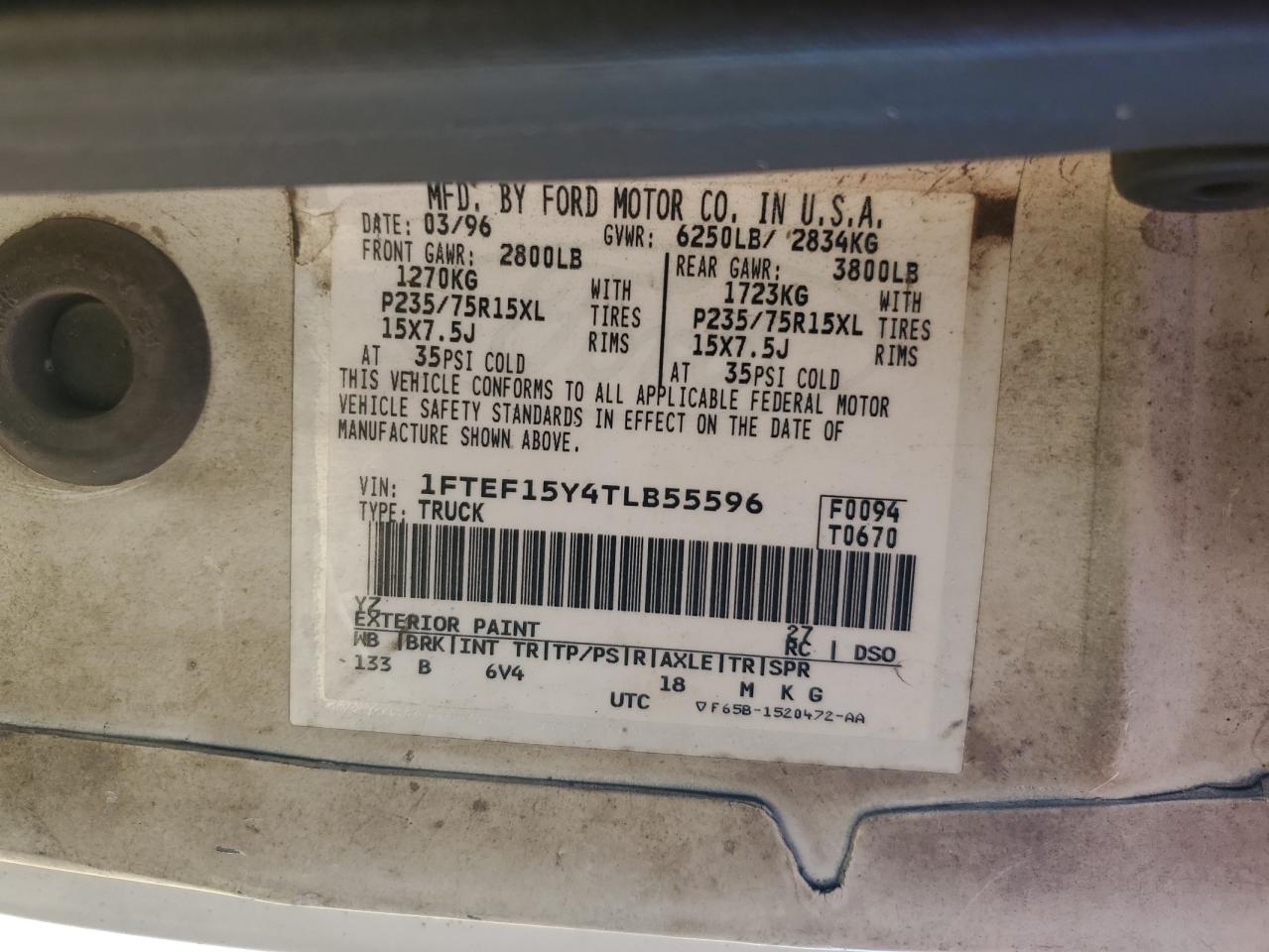1996 Ford F150 VIN: 1FTEF15Y4TLB55596 Lot: 53038565