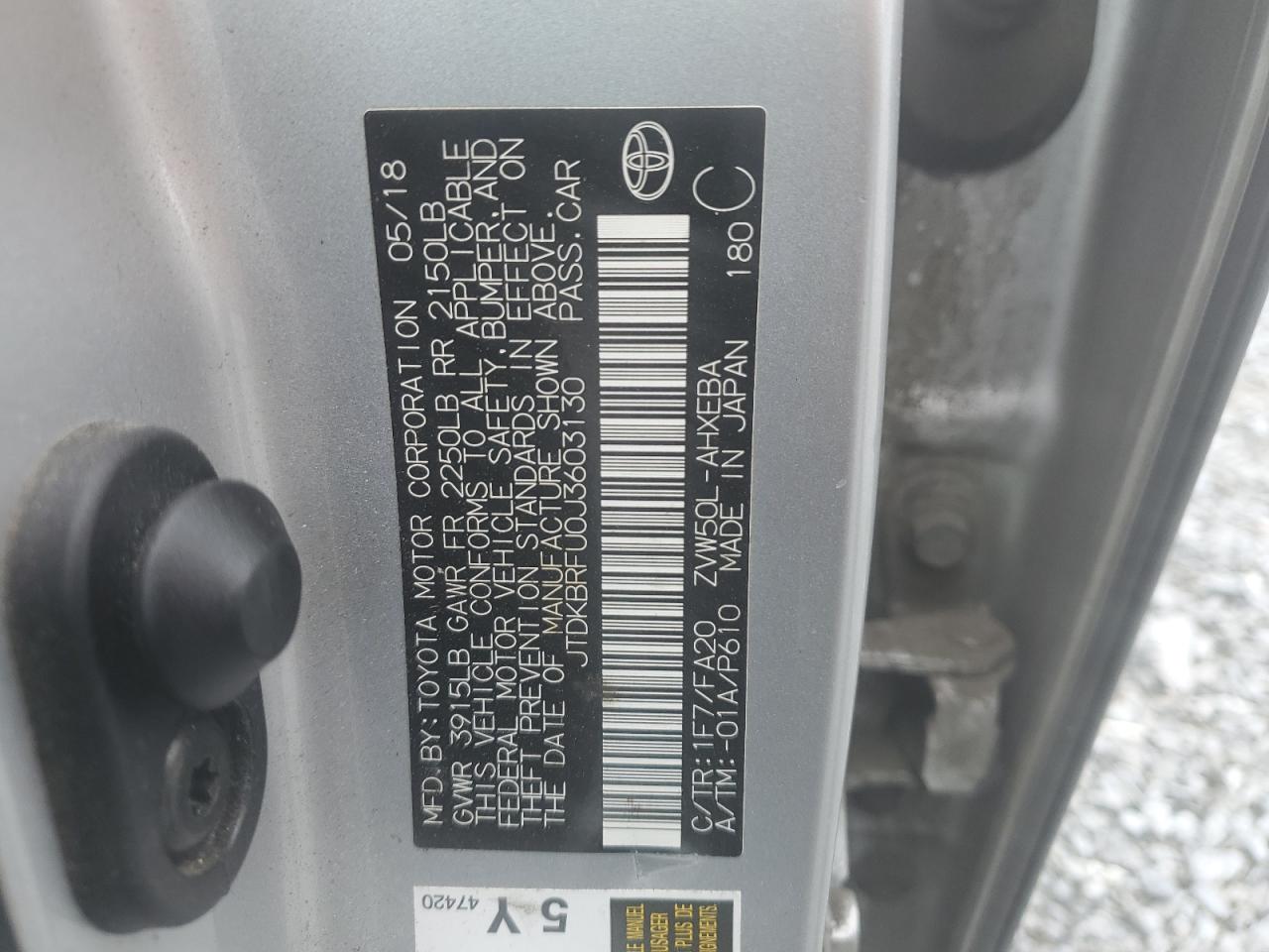 JTDKBRFU0J3603130 2018 Toyota Prius