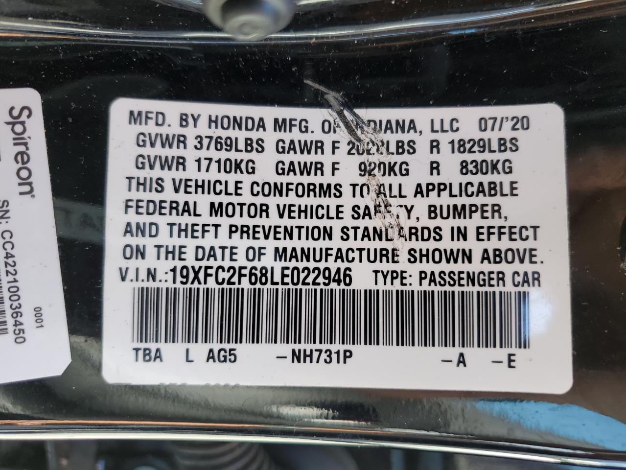 19XFC2F68LE022946 2020 Honda Civic Lx