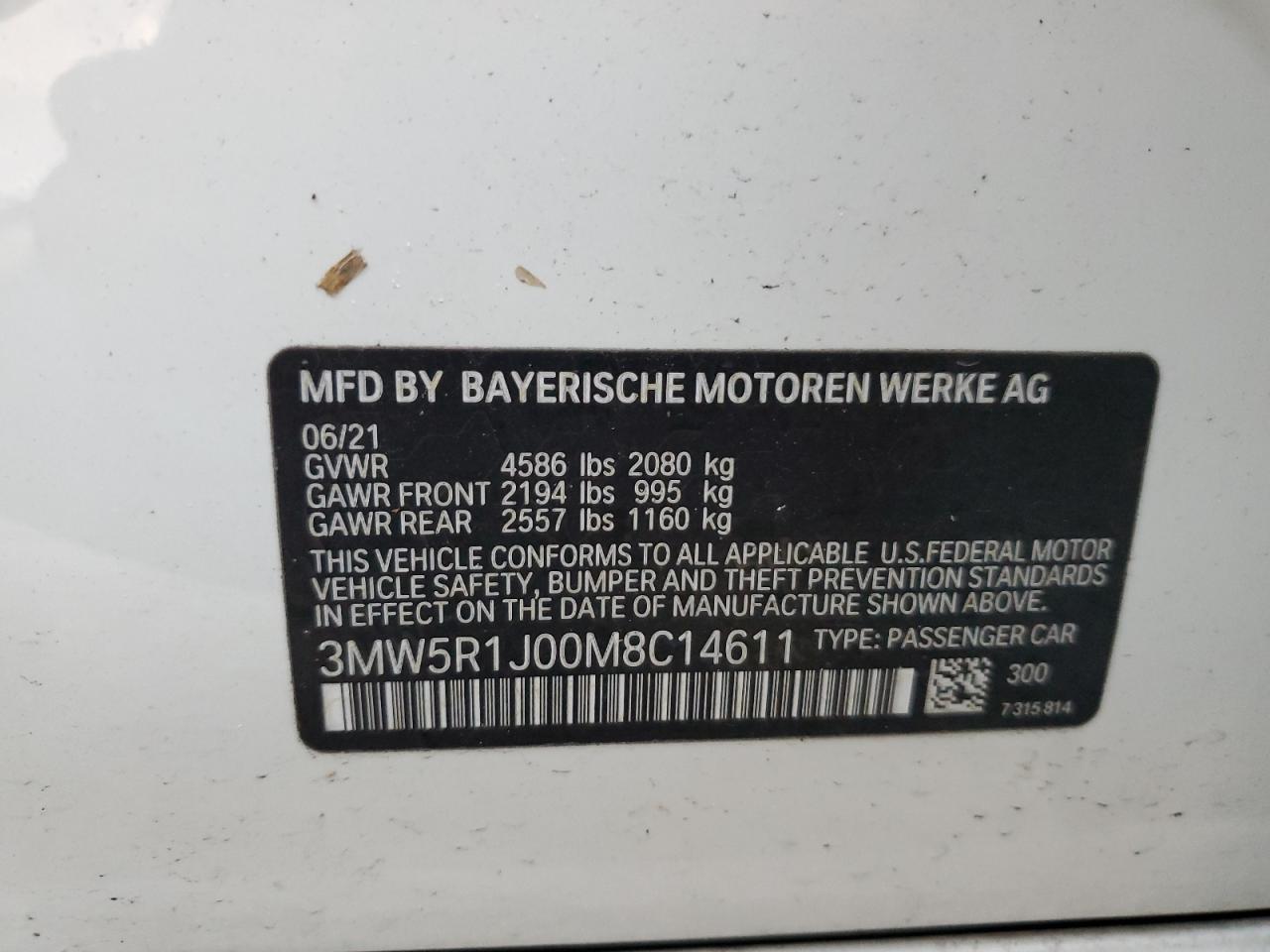 2021 BMW 330I VIN: 3MW5R1J00M8C14611 Lot: 74944994