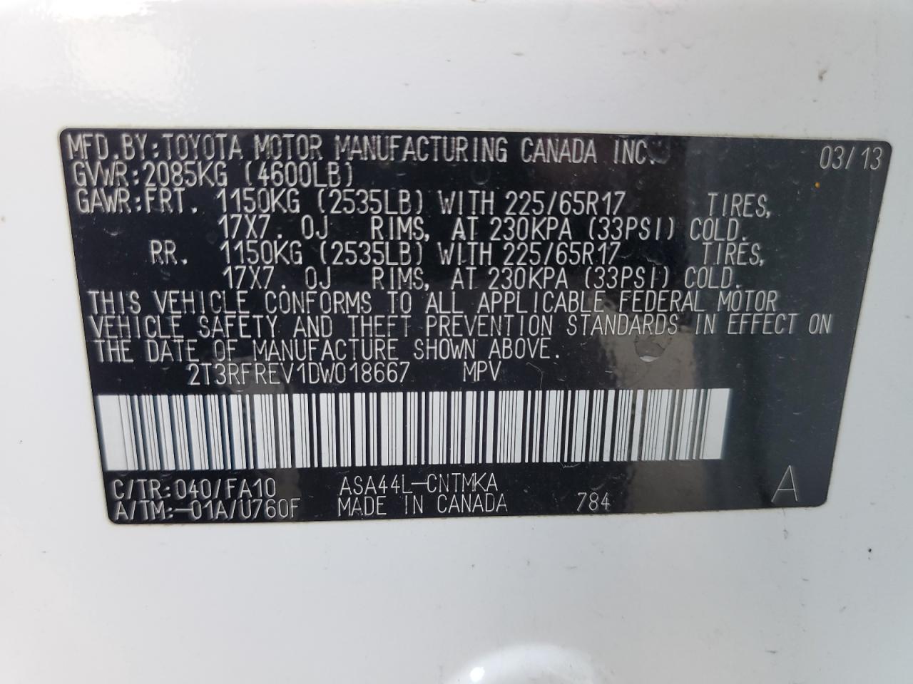 2T3RFREV1DW018667 2013 Toyota Rav4 Xle