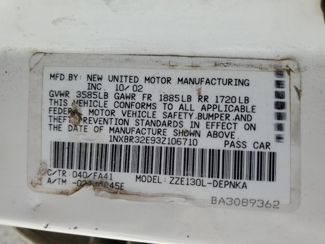 2003 Toyota Corolla Ce VIN: 1NXBR32E93Z106710 Lot: 74373624