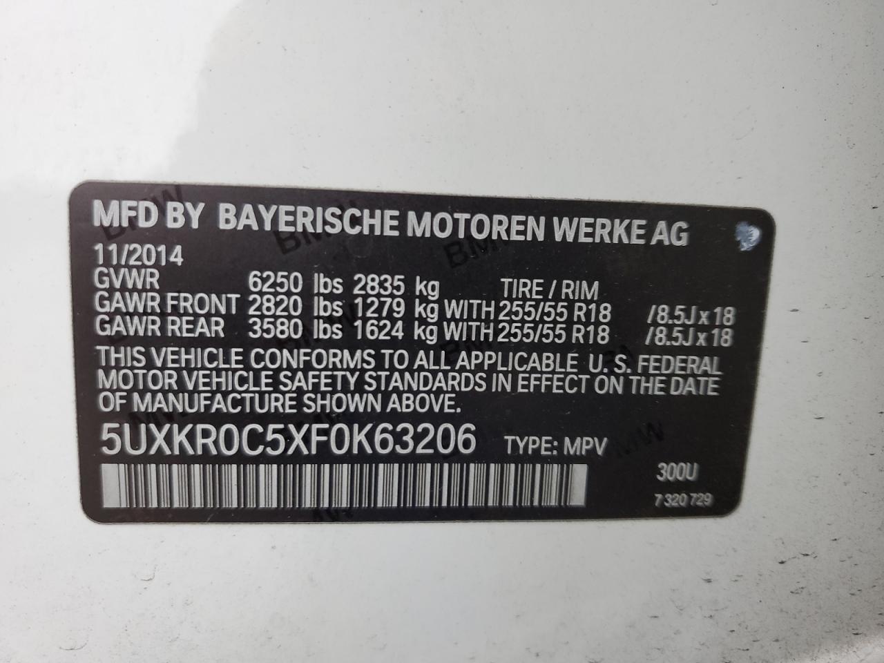 2015 BMW X5 xDrive35I VIN: 5UXKR0C5XF0K63206 Lot: 75725684