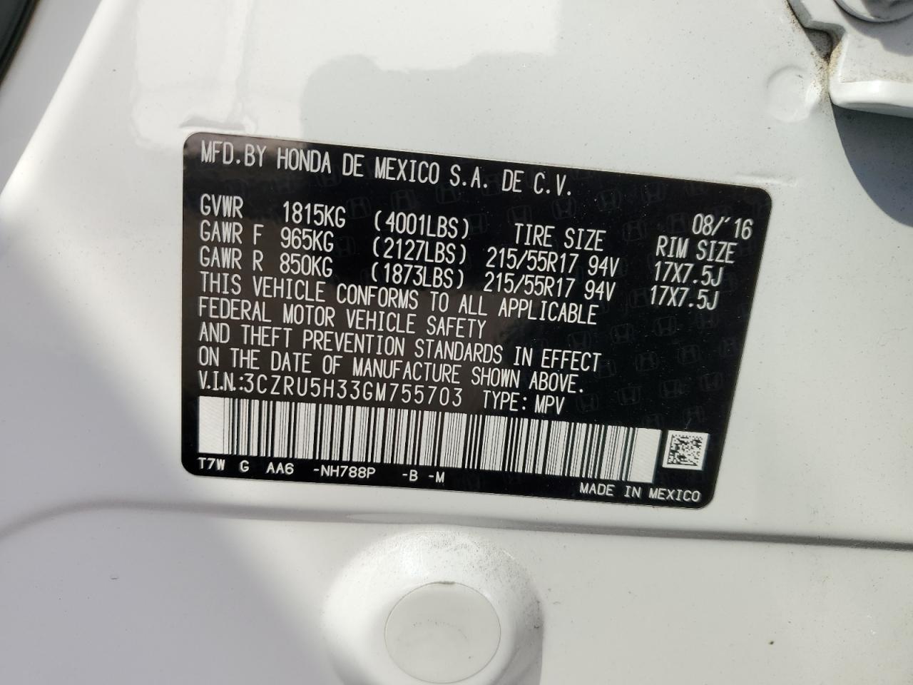 2016 Honda Hr-V Lx VIN: 3CZRU5H33GM755703 Lot: 76822844