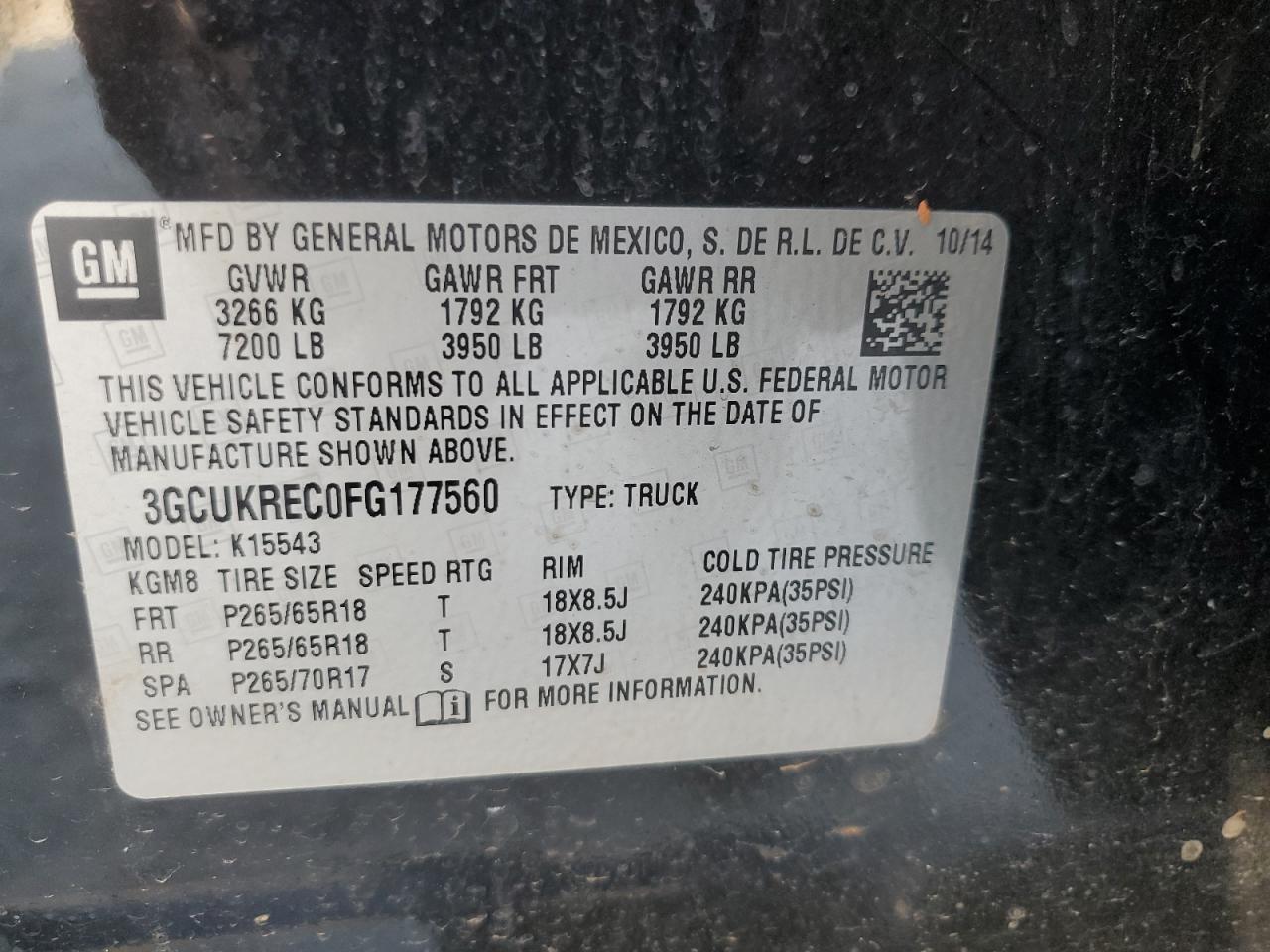 3GCUKREC0FG177560 2015 Chevrolet Silverado K1500 Lt