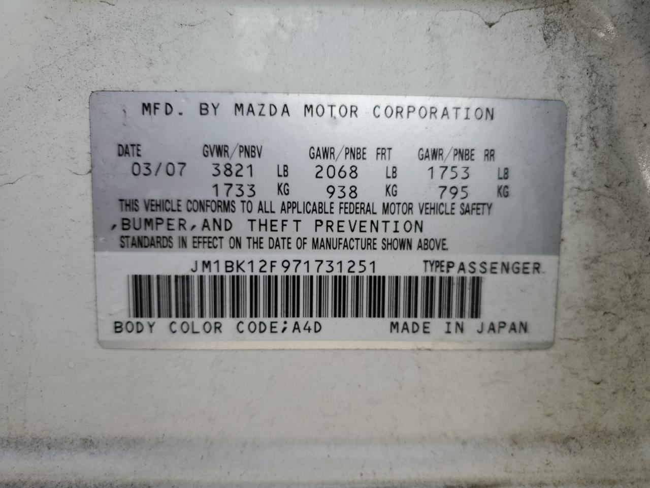 2007 Mazda 3 I VIN: JM1BK12F971731251 Lot: 78223874