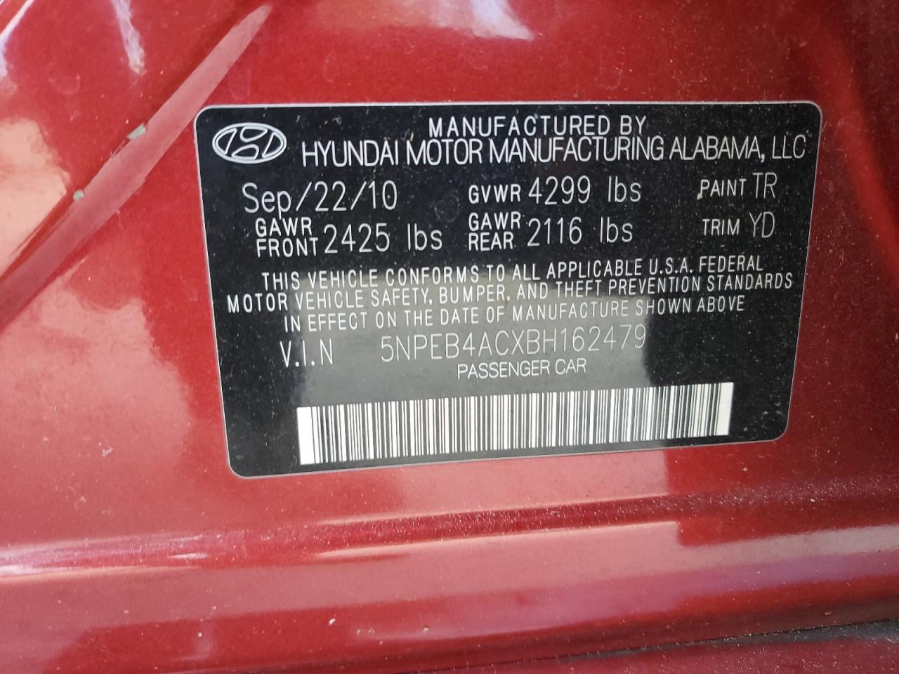 5NPEB4ACXBH162479 2011 Hyundai Sonata Gls