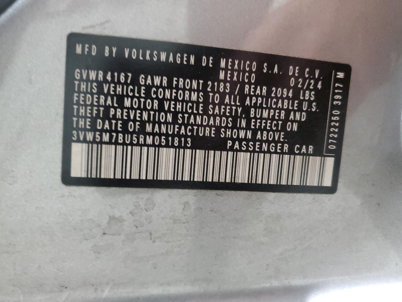 2024 Volkswagen Jetta S VIN: 3VW5M7BU5RM051813 Lot: 78216084