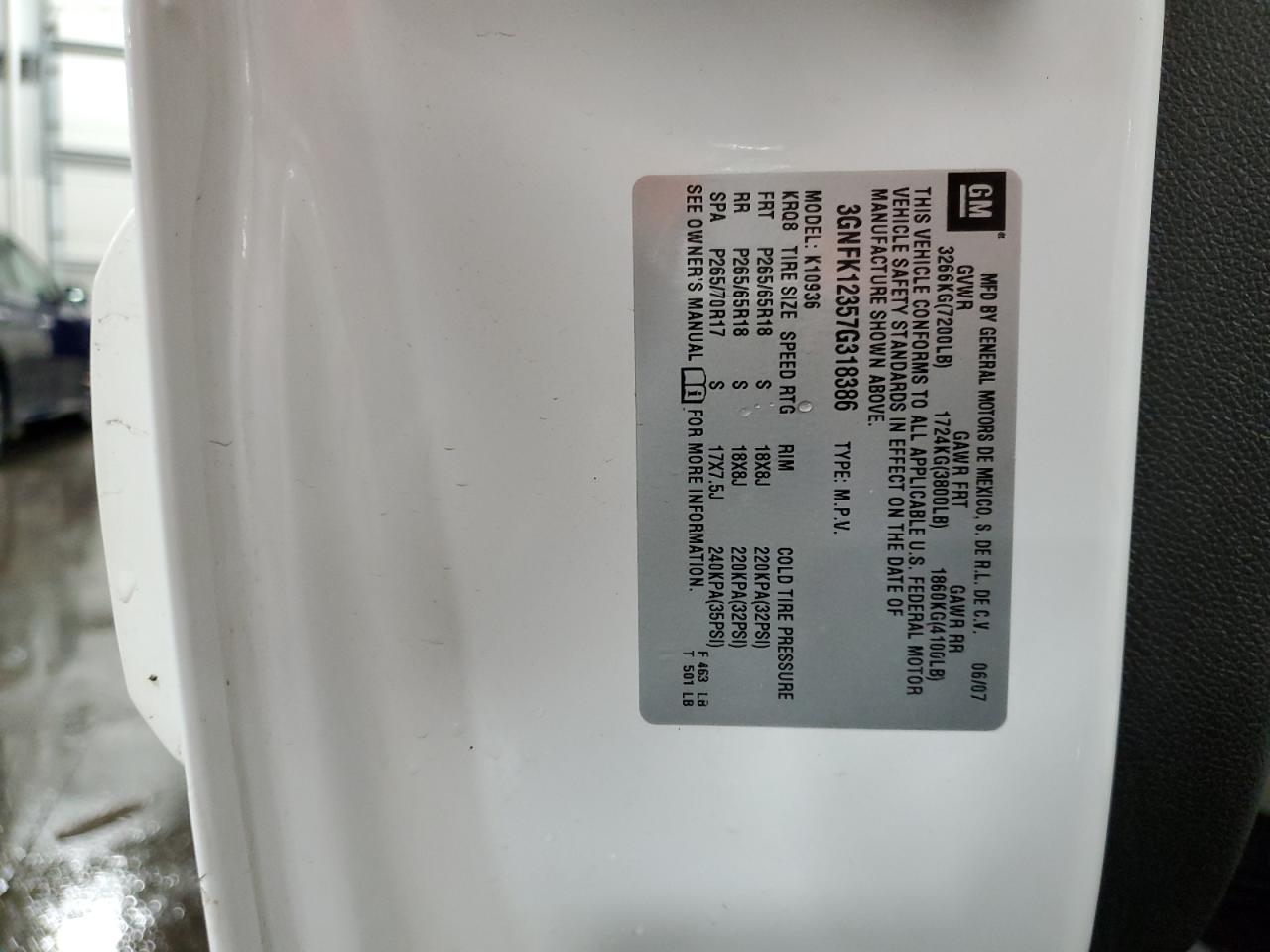 2007 Chevrolet Avalanche K1500 VIN: 3GNFK12357G318386 Lot: 73244854