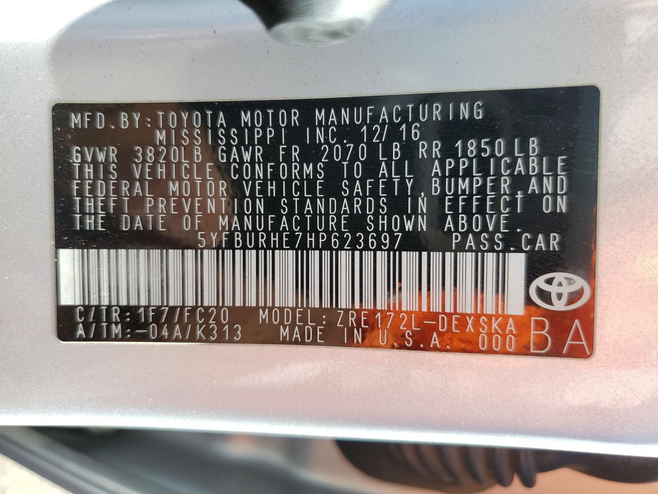 2017 Toyota Corolla L VIN: 5YFBURHE7HP623697 Lot: 75045744