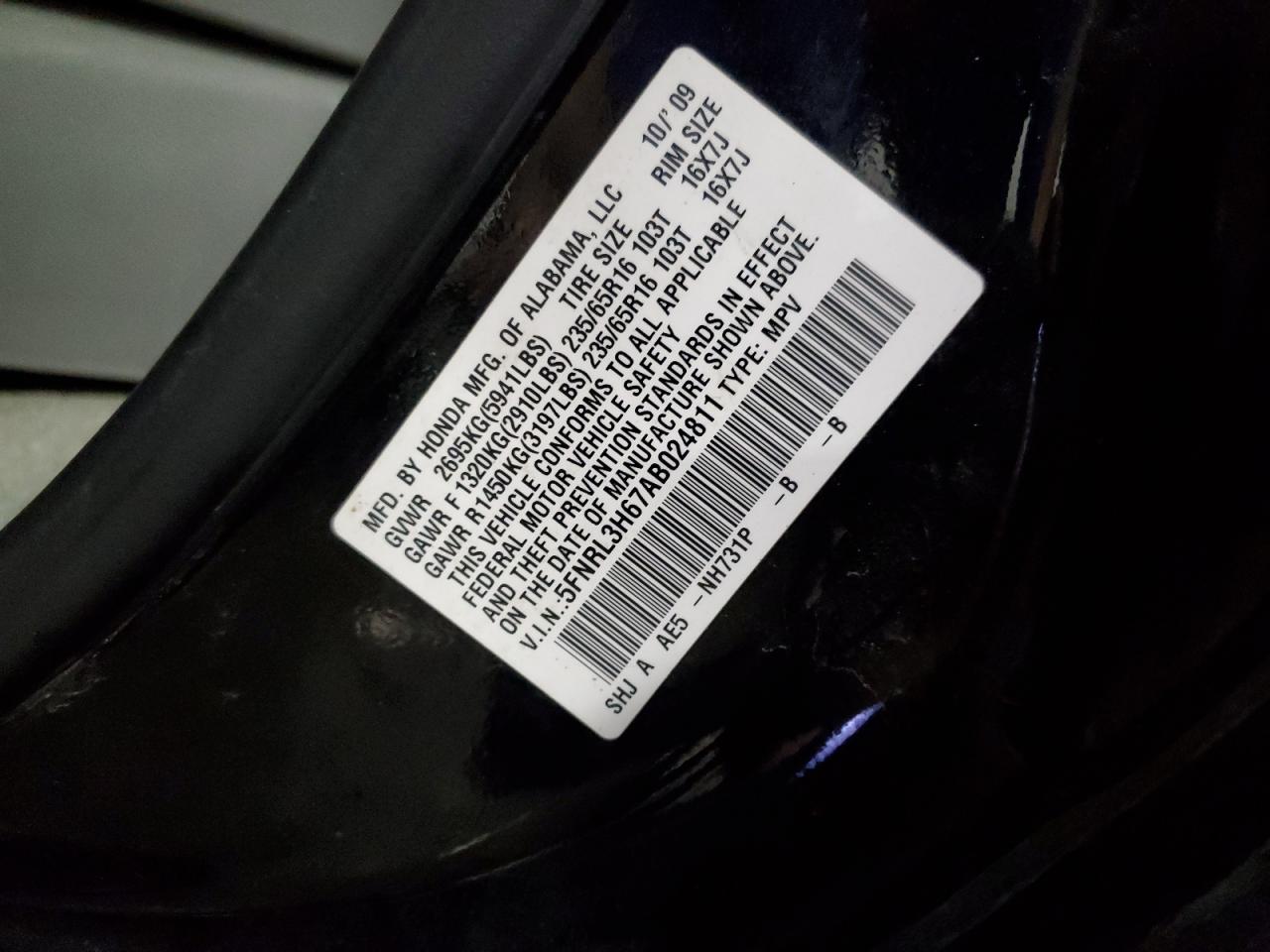 5FNRL3H67AB024811 2010 Honda Odyssey Exl