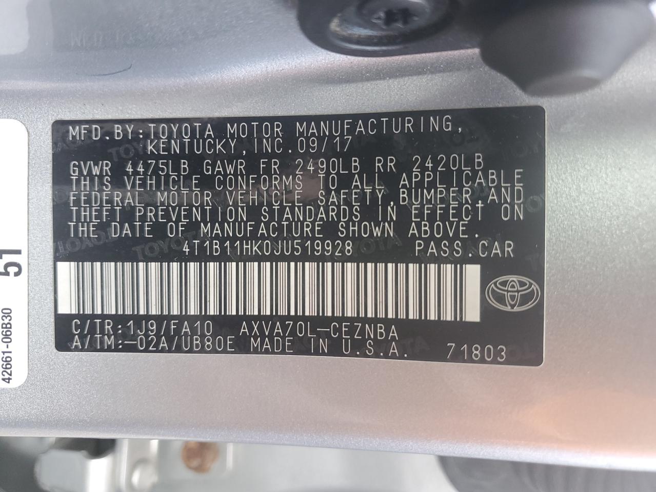 4T1B11HK0JU519928 2018 Toyota Camry L