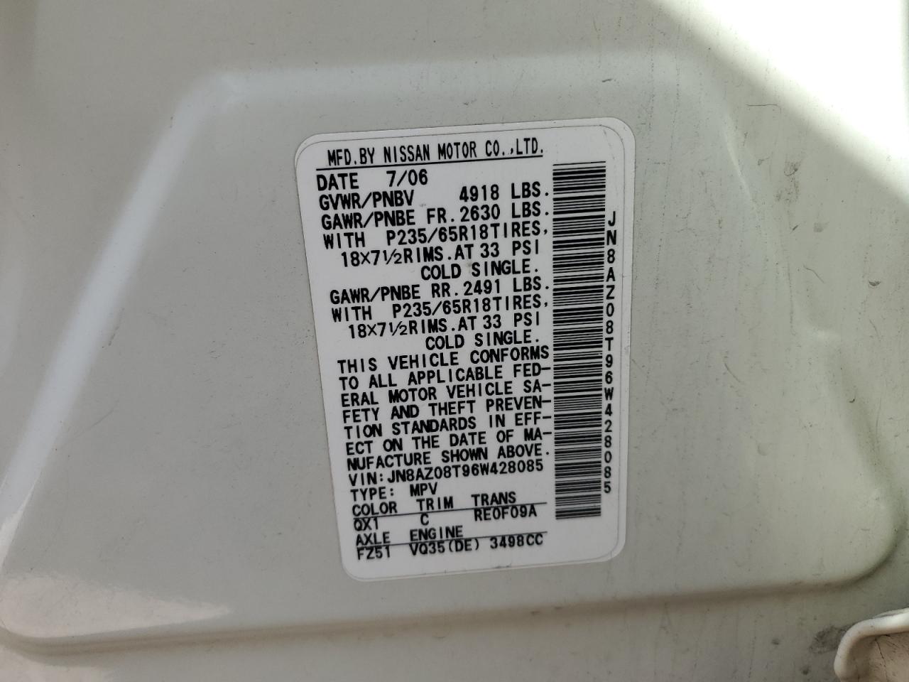 2006 Nissan Murano Sl VIN: JN8AZ08T96W428085 Lot: 74127114