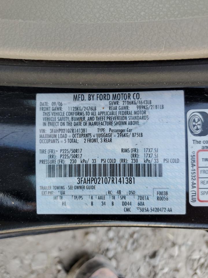 2007 Ford Fusion Sel VIN: 3FAHP02107R141381 Lot: 77299454