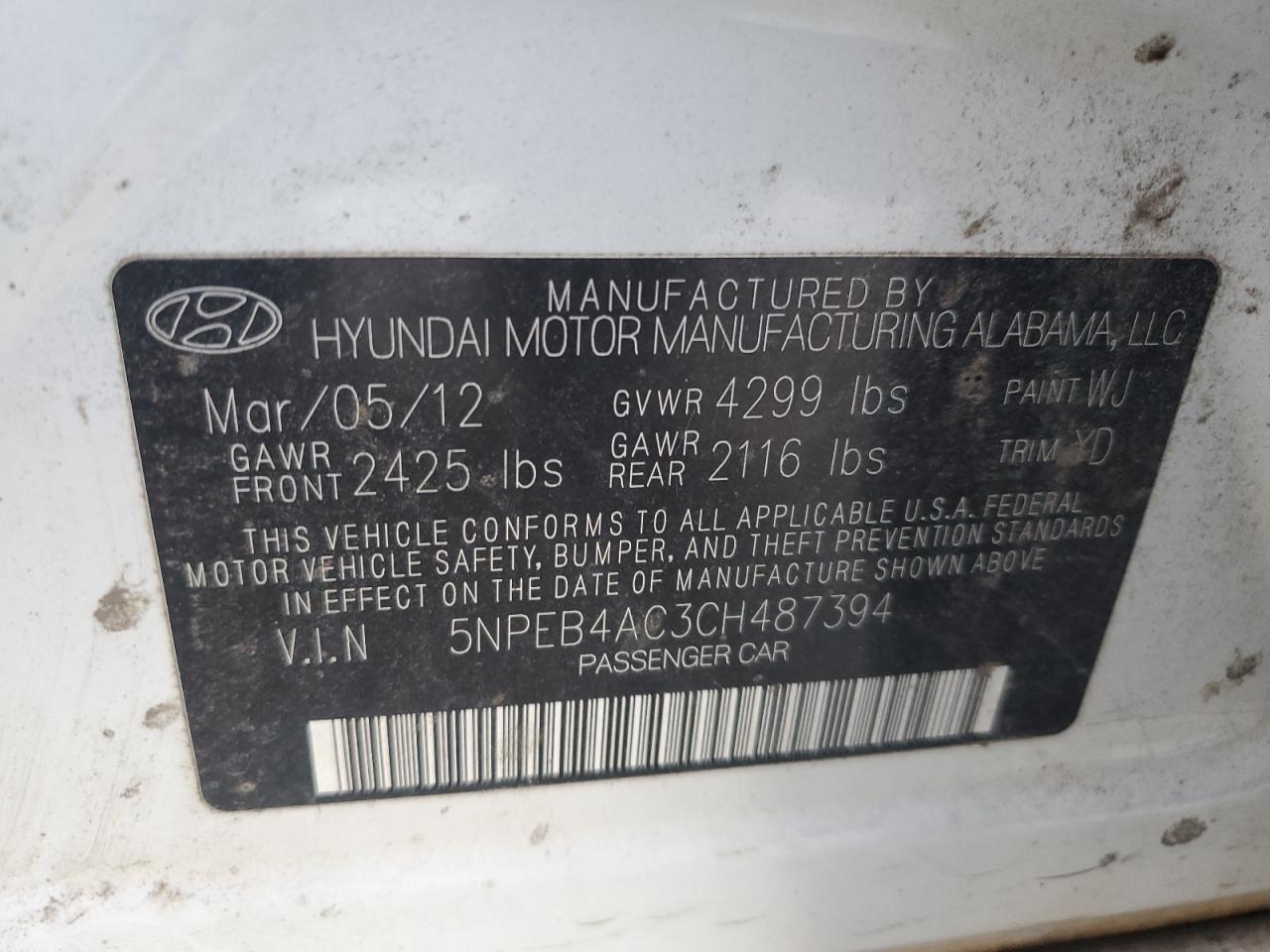 2012 Hyundai Sonata Gls VIN: 5NPEB4AC3CH487394 Lot: 77685484