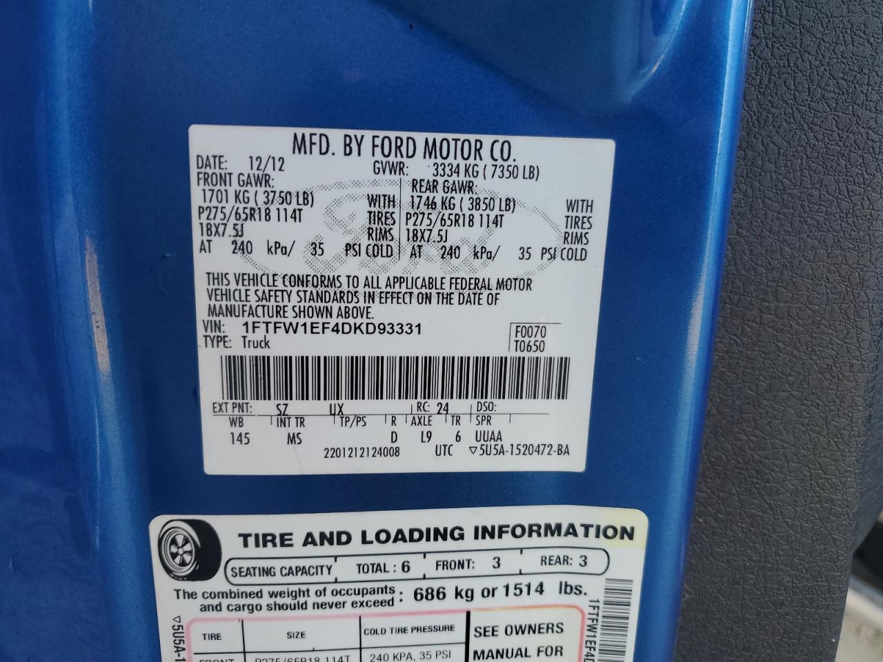 2013 Ford F150 Supercrew VIN: 1FTFW1EF4DKD93331 Lot: 74955794