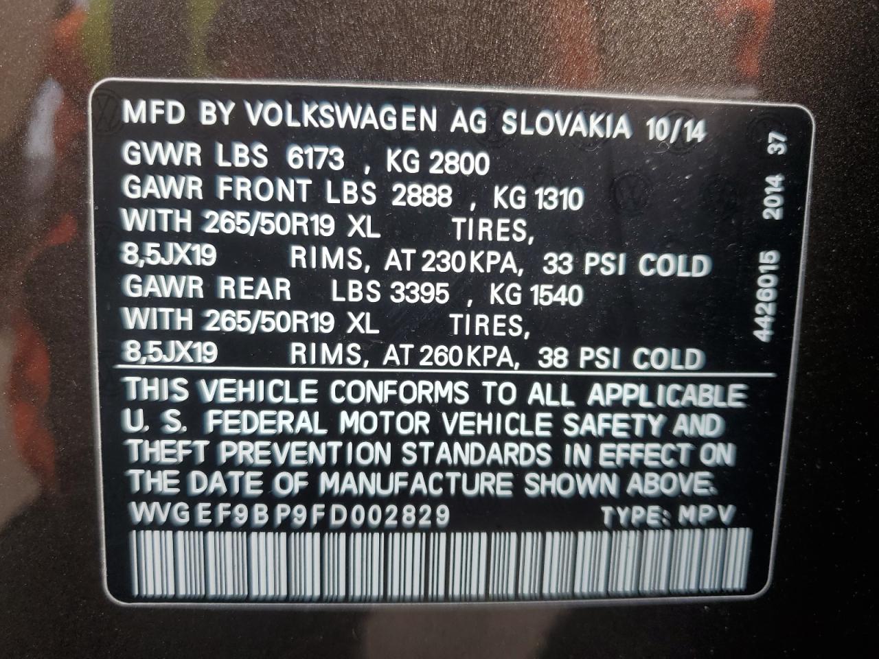 2015 Volkswagen Touareg V6 VIN: WVGEF9BP9FD002829 Lot: 75290454