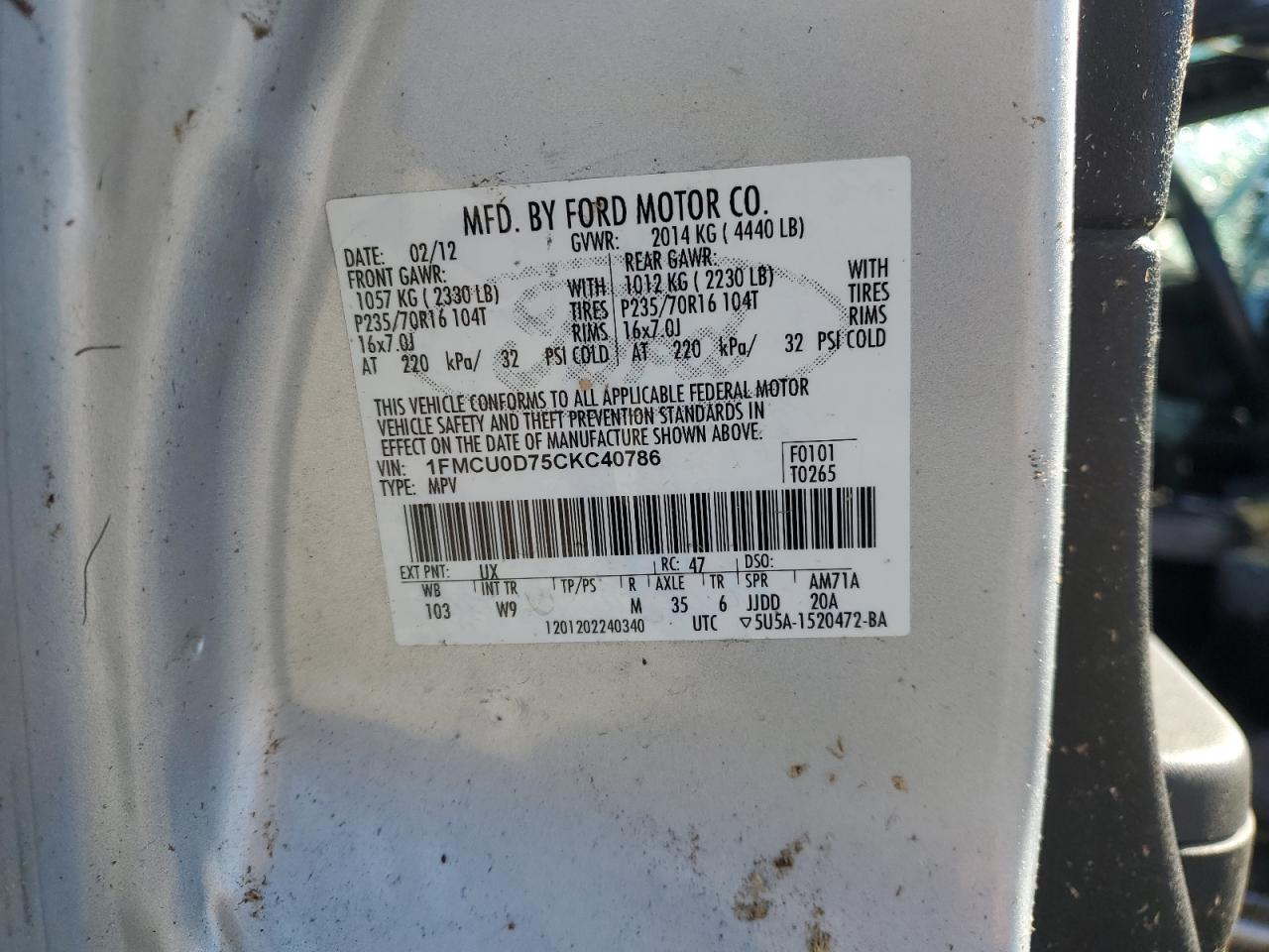 1FMCU0D75CKC40786 2012 Ford Escape Xlt