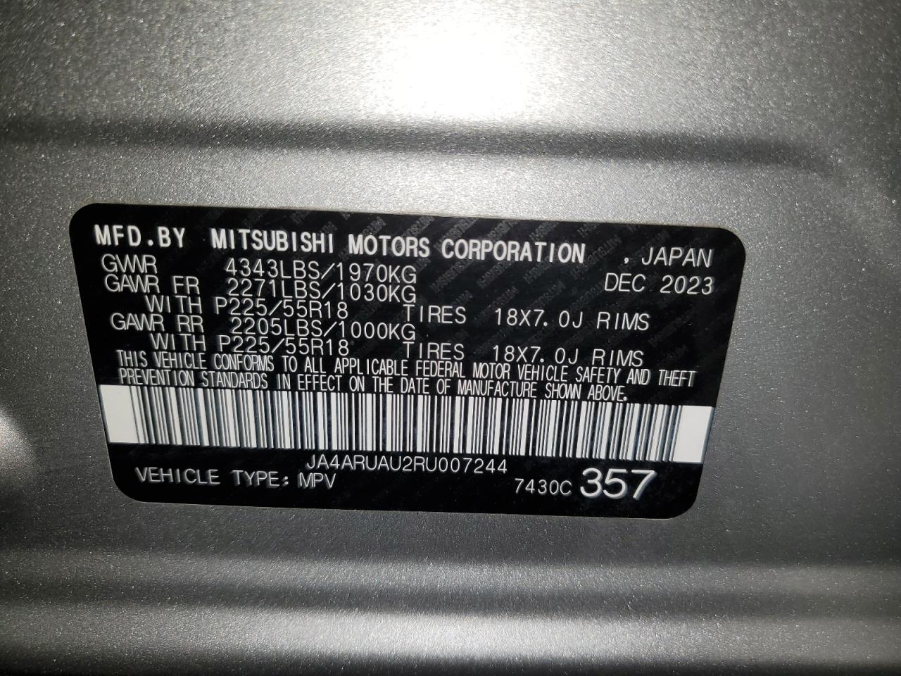 2024 Mitsubishi Outlander Sport S/Se VIN: JA4ARUAU2RU007244 Lot: 74950944