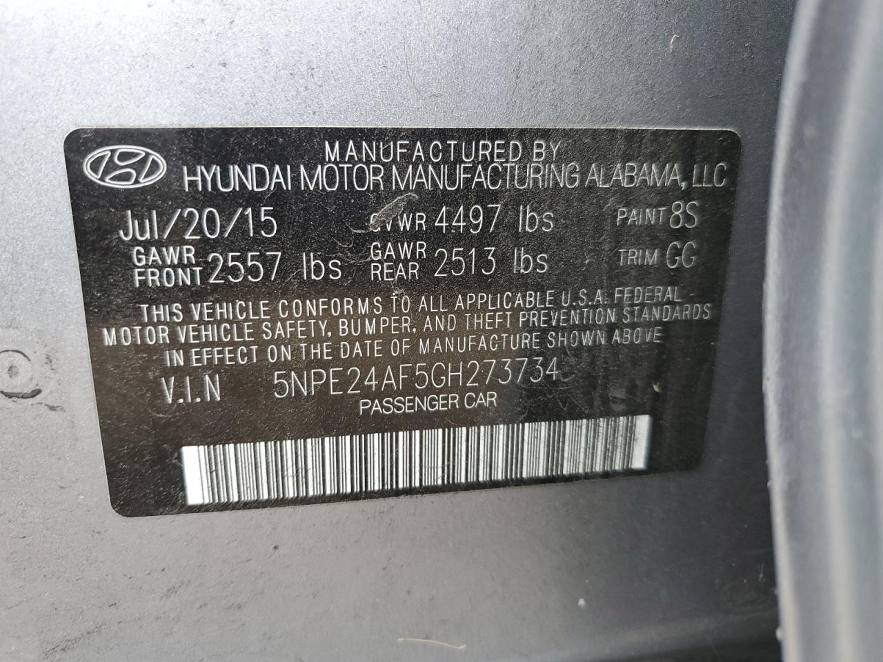 VIN 5NPE24AF5GH273734 2016 HYUNDAI SONATA no.12