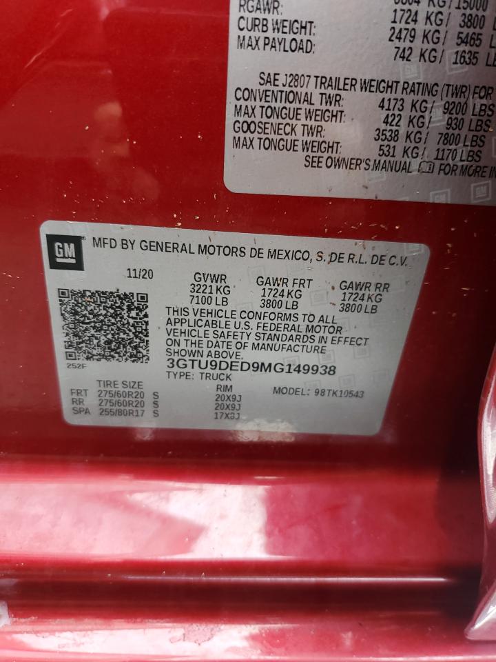 3GTU9DED9MG149938 2021 GMC Sierra K1500 Slt