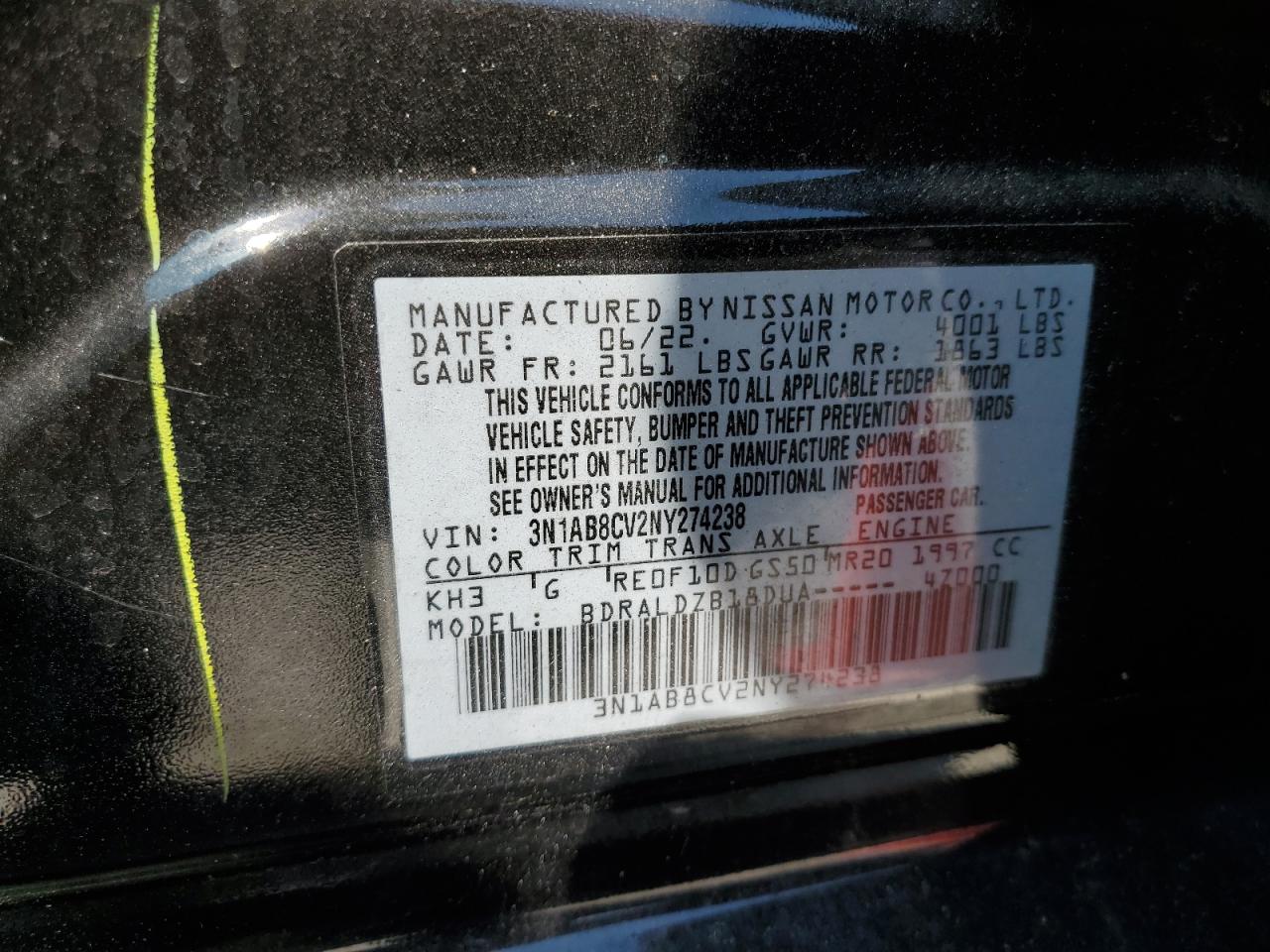 3N1AB8CV2NY274238 2022 Nissan Sentra Sv