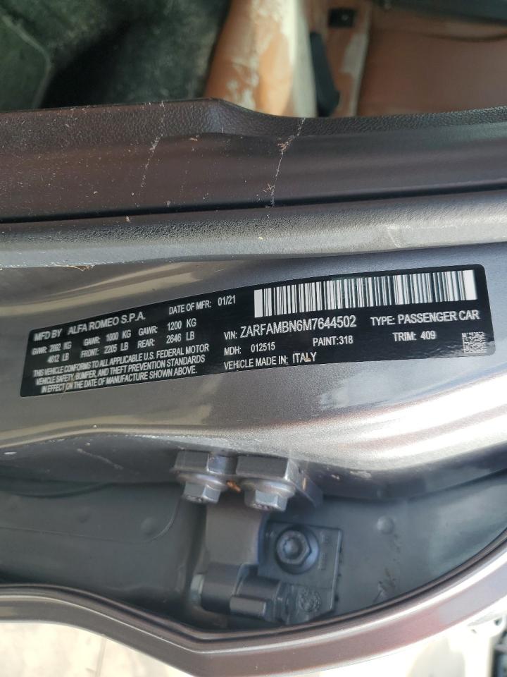 2021 Alfa Romeo Giulia Ti VIN: ZARFAMBN6M7644502 Lot: 74550474